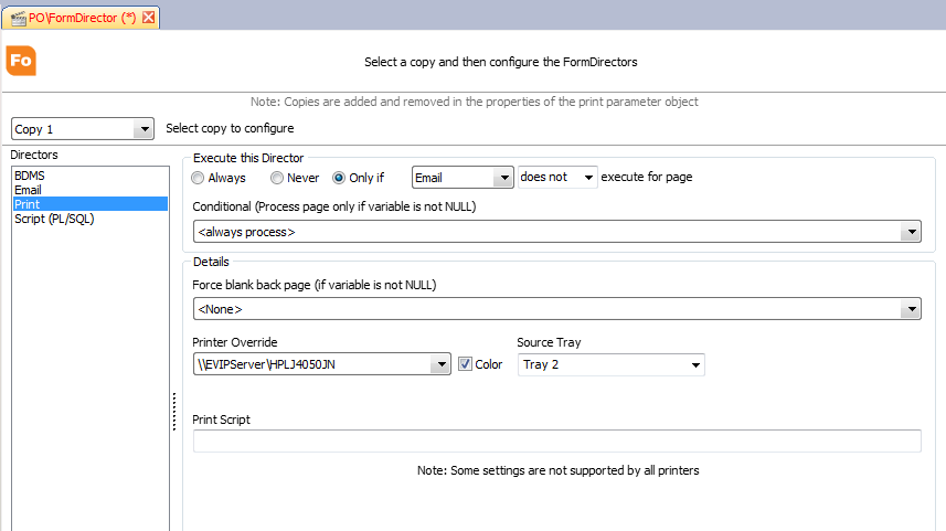 Screenshot of PrintDirector. Here you can set the print conditions, script, printer override, print tray, and force a blank page at the end of the document. 